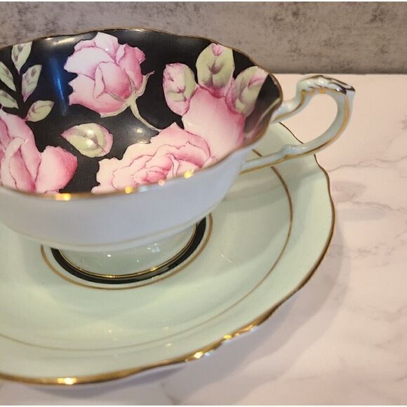 Paragon Double Warrant Cabbage Rose Tea Cup & Saucer Pink & Black Teacup GUC - Picture 5 of 11